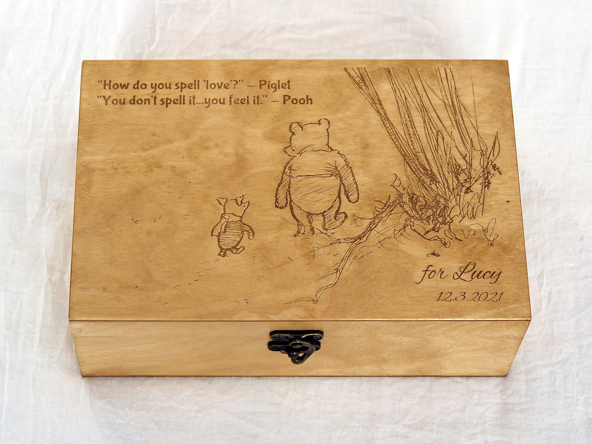 Laser engraved wooden keepsake box with Winnie the Pooh and Piglet