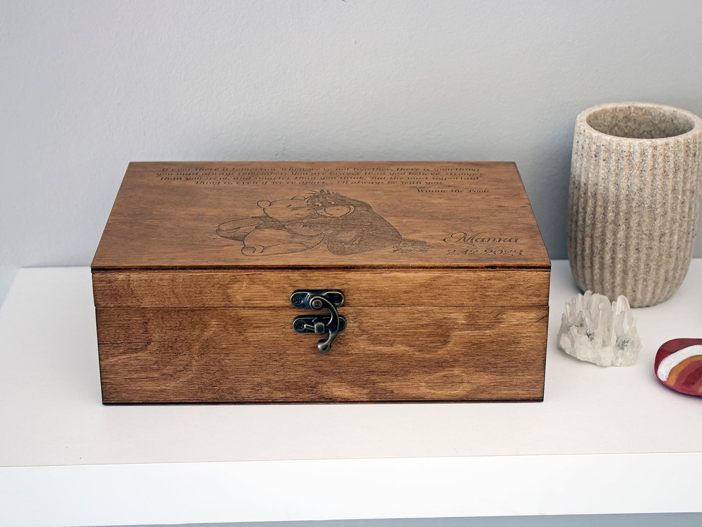 Laser engraved wooden keepsake box with Winnie the Pooh and Eeyore design