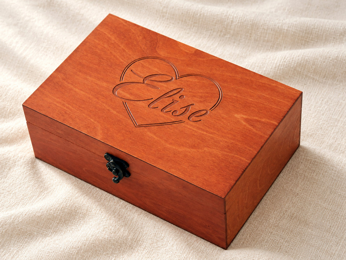 Engraved wooden keepsake box for her with simple heart and name design