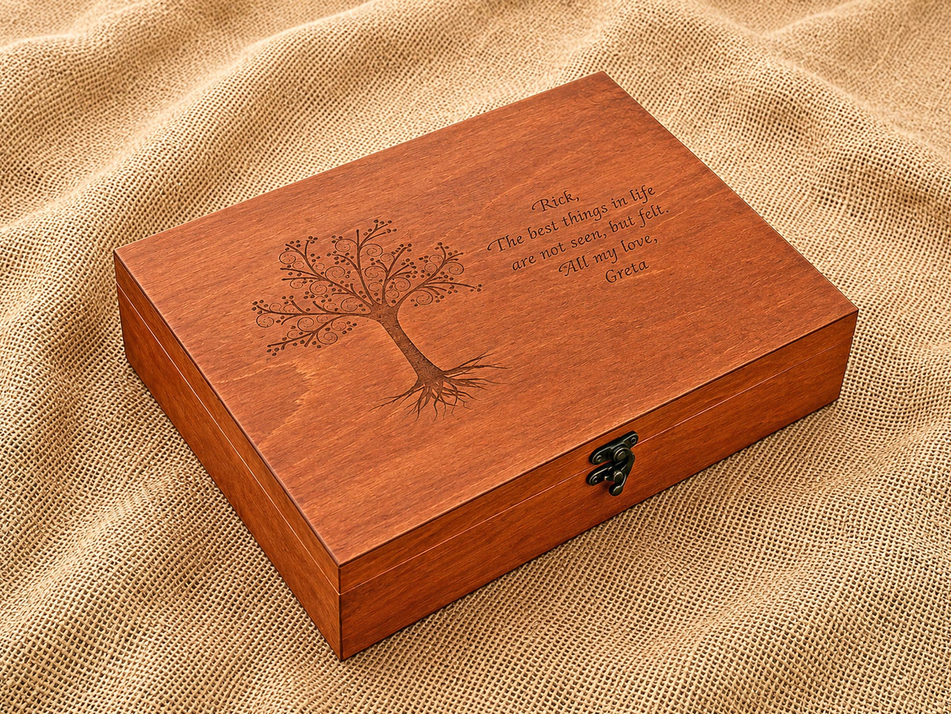 Engraved wooden memory box as a unique first wedding anniversary gift for couples, personalized with dates