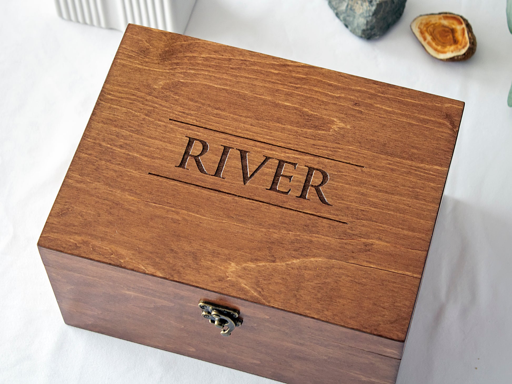Engraved wooden memory box for pets or keepsakes with 'RIVER' name customization