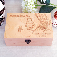 Load image into Gallery viewer, Winnie the pooh quote and name on wooden box, Personalized Christmas gift, Winnie and Piglet on memory box, New baby gift
