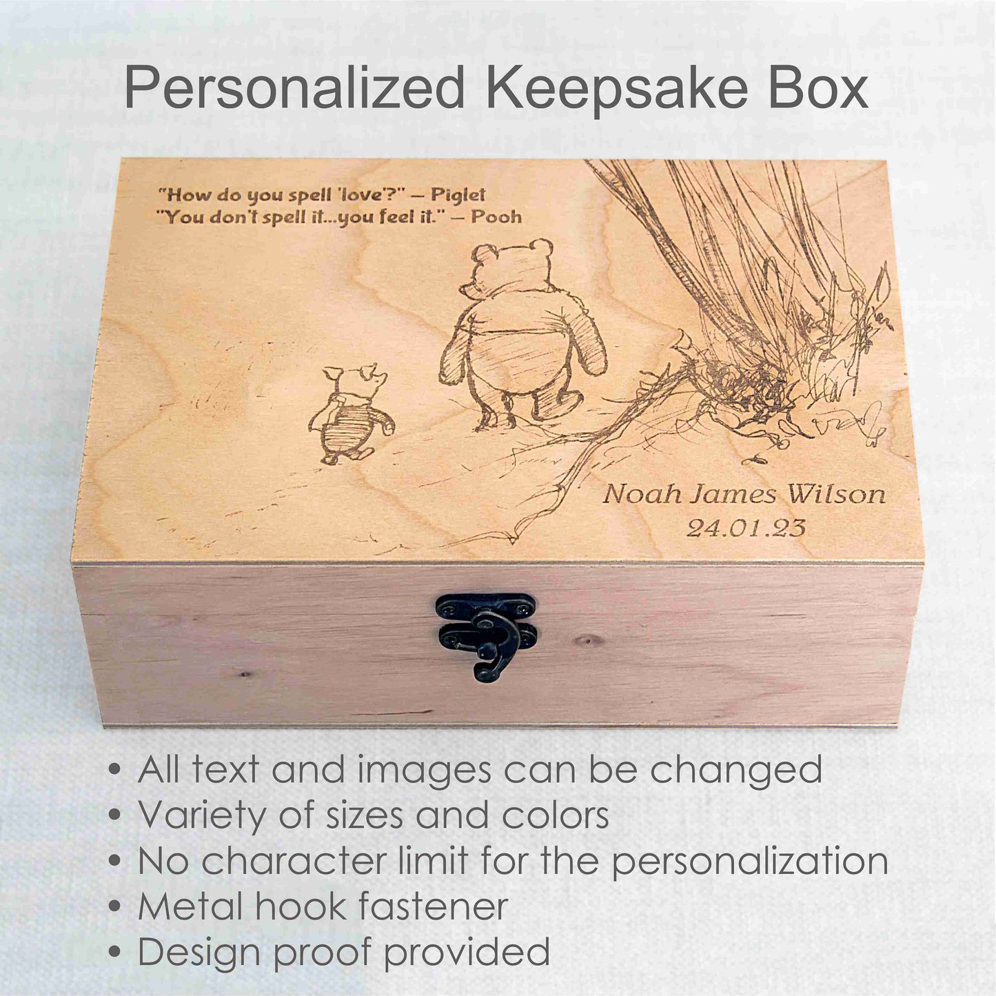 Winnie the pooh quote and name on wooden box, Personalized Christmas gift, Winnie and Piglet on memory box, New baby gift