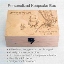 Load image into Gallery viewer, Winnie the pooh quote and name on wooden box, Personalized Christmas gift, Winnie and Piglet on memory box, New baby gift
