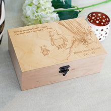 Load image into Gallery viewer, Winnie the pooh quote and name on wooden box, Personalized Christmas gift, Winnie and Piglet on memory box, New baby gift
