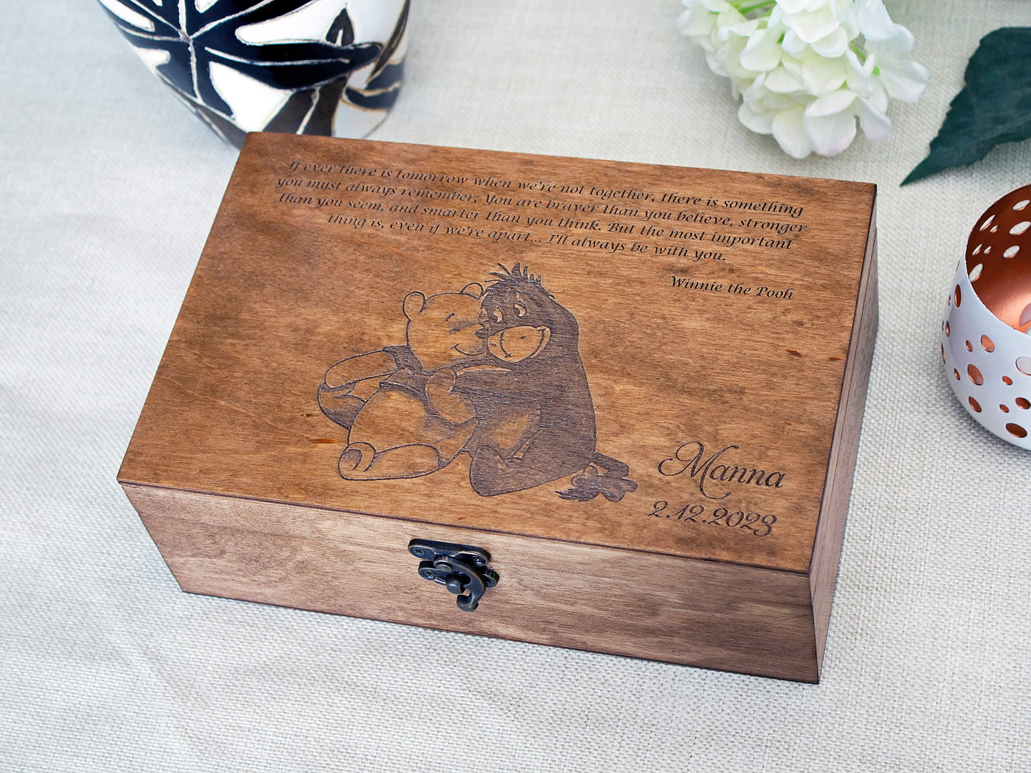 Winnie the Pooh quote on wooden box, Personalized keepsake box with custom saying, Winnie and Eeyore on memory box