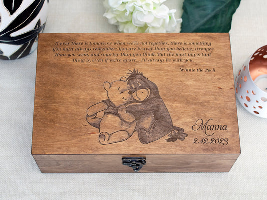 Winnie the Pooh quote on wooden box, Personalized keepsake box with custom saying, Winnie and Eeyore on memory box