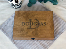 Load image into Gallery viewer, Personalized wooden box with engraved name or monogram, Custom Memory Box, Baptism gift for boy or girl

