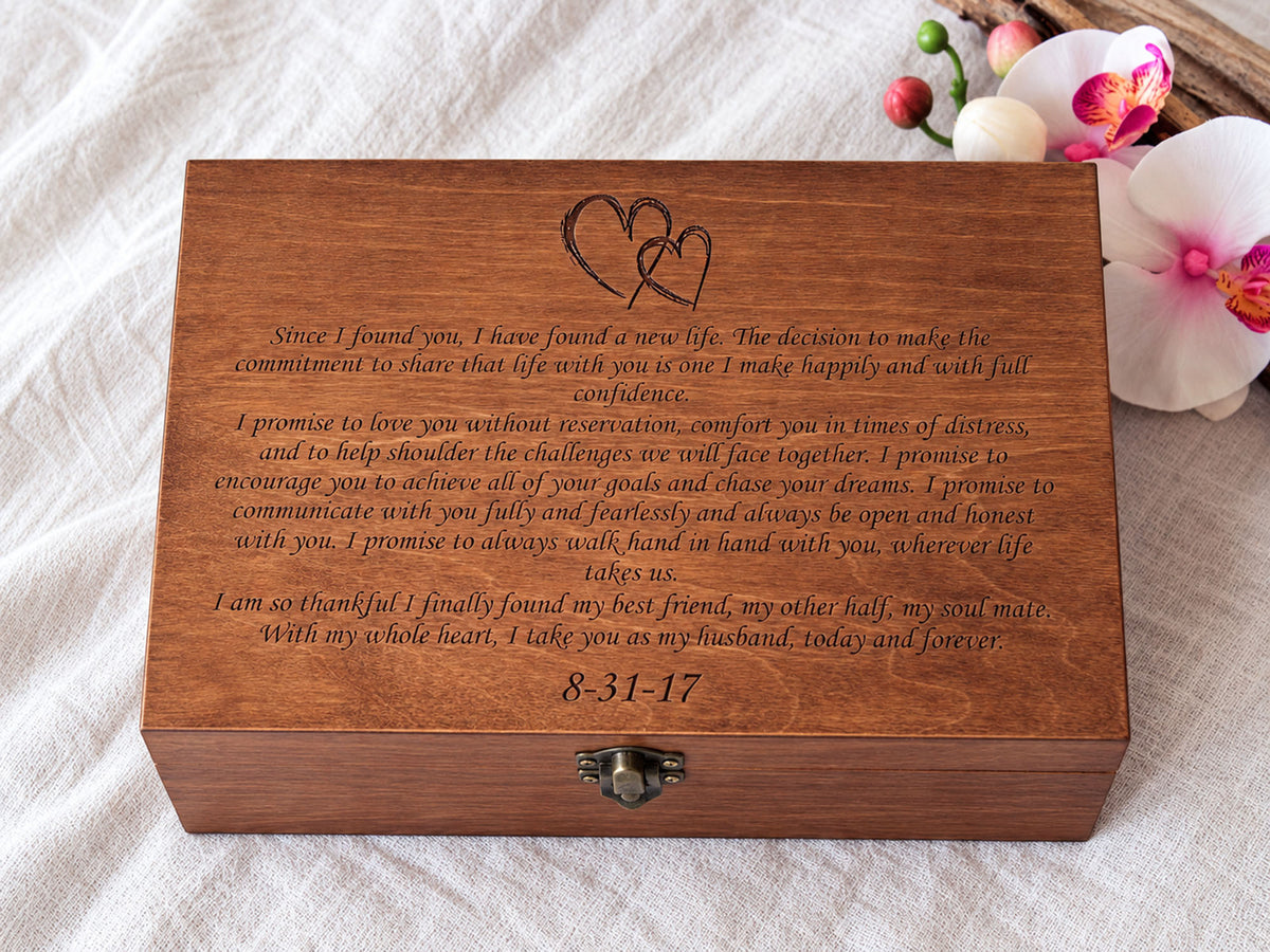 Custom engraved wedding vow box with personalized design