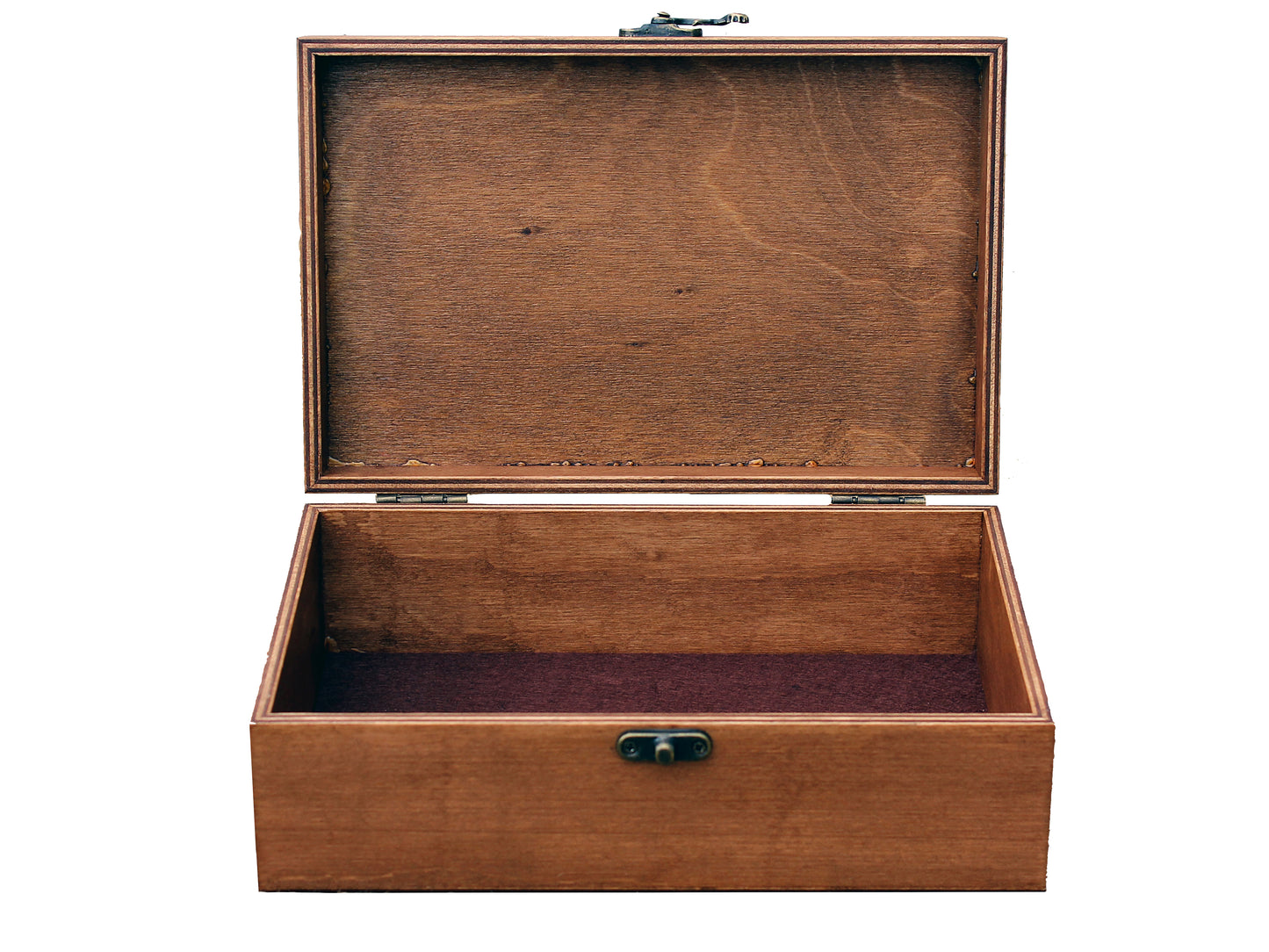 Open wooden gift box showing the interior and storage space