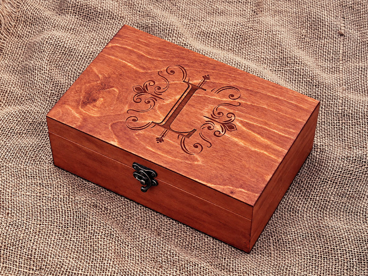 Custom engraved wooden jewelry box with monogram and personalised design