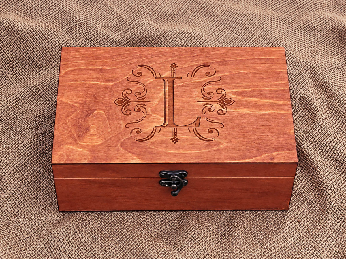Handmade personalised wooden box with custom monogram engraving