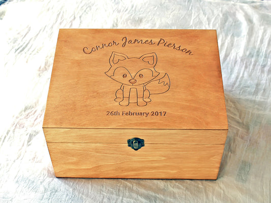 Personalized baby fox keepsake box with an engraved woodland fox design
