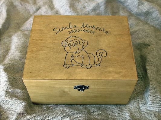Personalized baby monkey keepsake box with engraved name and smiling monkey, front view