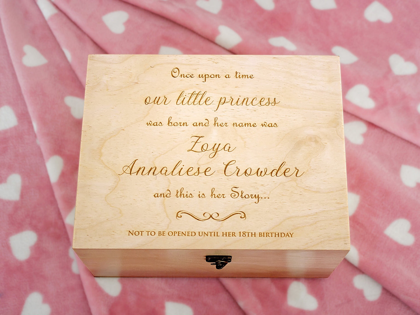 Personalized wooden memory box for preserving a child's early memories