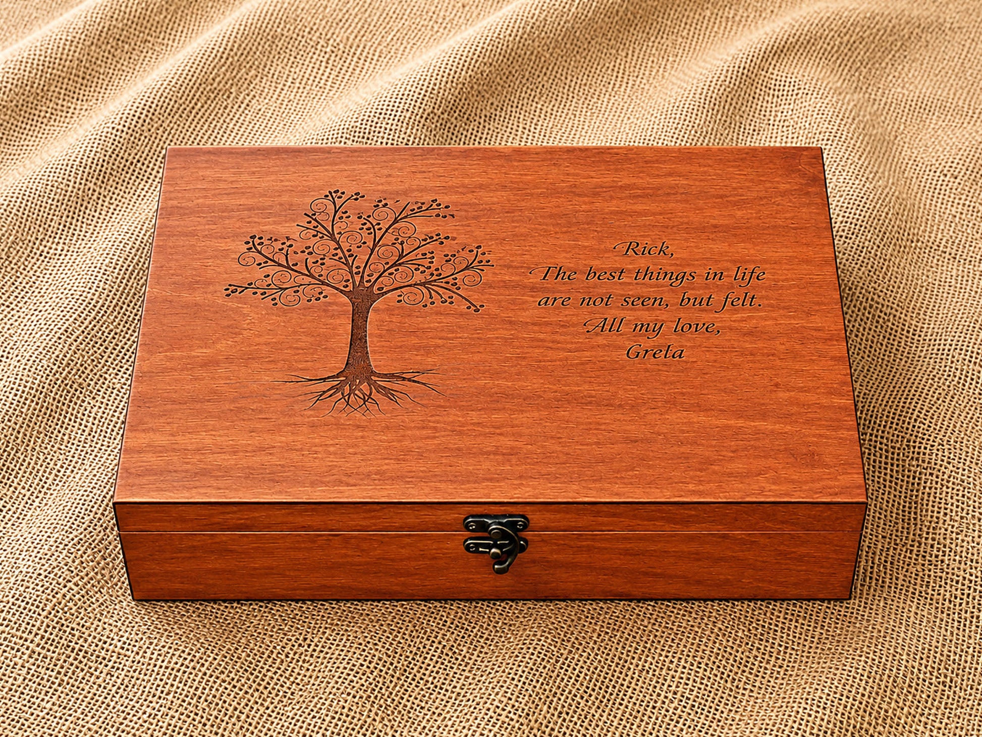 Custom engraved wooden memory box as a unique personalized gift for the couple on their wedding day