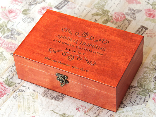 Personalized graduation wood box with laser engraved name and year, custom wooden keepsake memory box gift for graduate