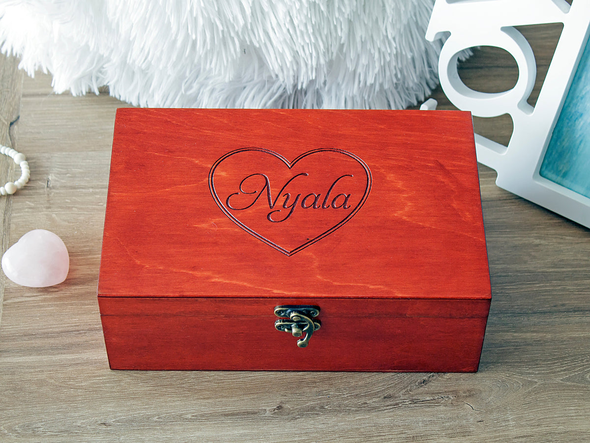 Personalized wooden keepsake box in mahogany finish