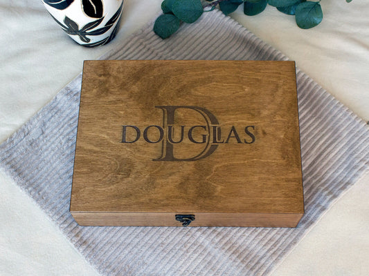 Personalized wooden memory box with engraved name and monogram