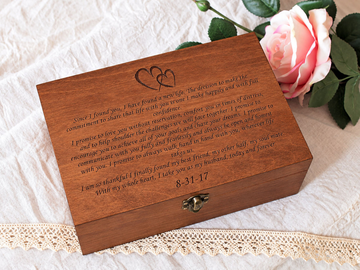 Wooden wedding vow keepsake box for preserving wedding vows
