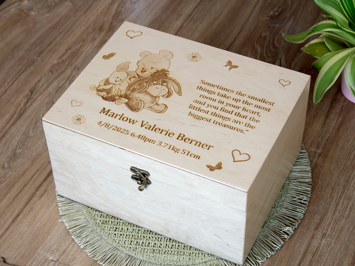 Personalized Winnie the Pooh baby gift box for newborn memories and keepsakes
