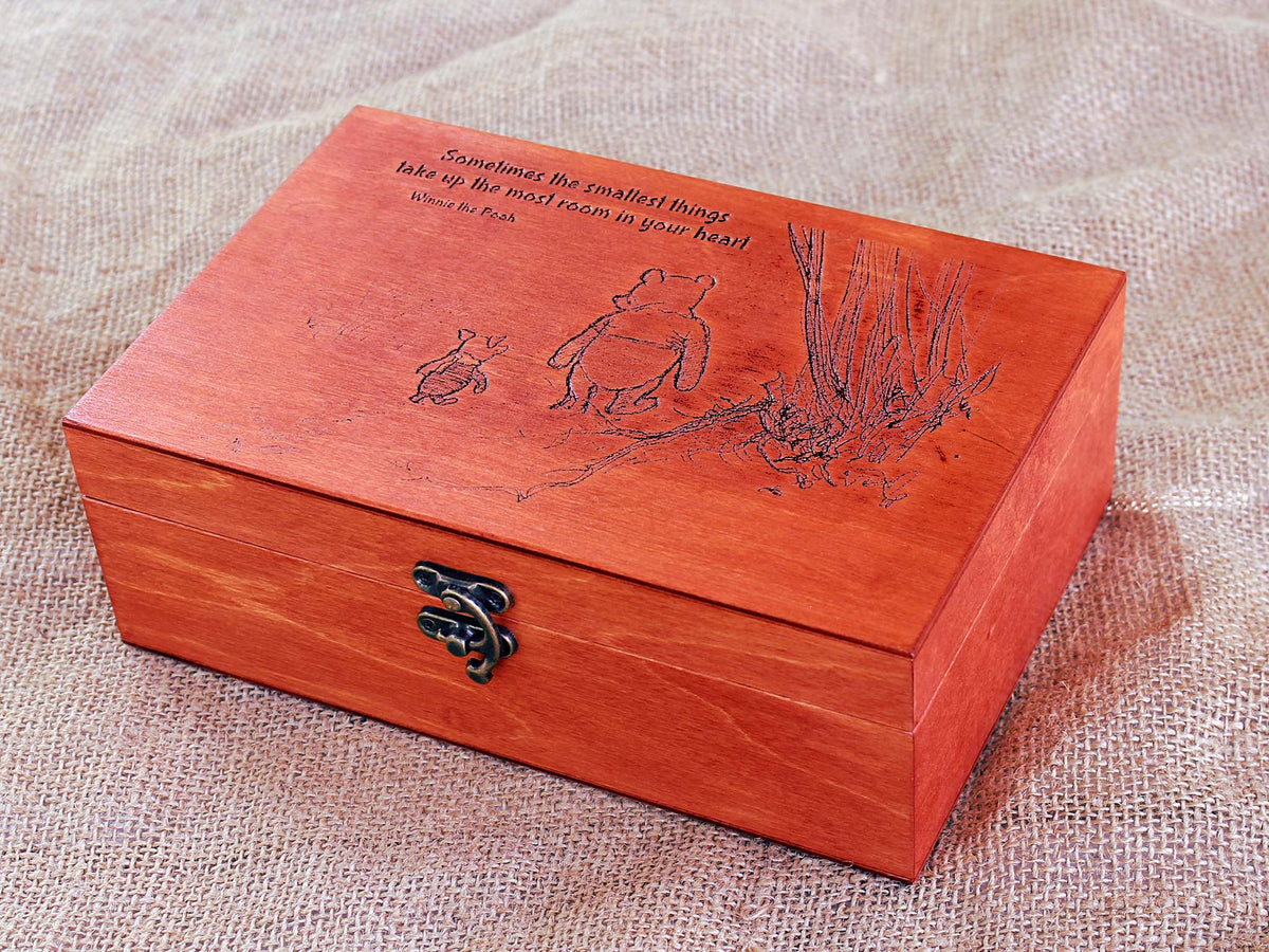 Personalized Winnie the Pooh birthday keepsake box with engraved quote and custom name