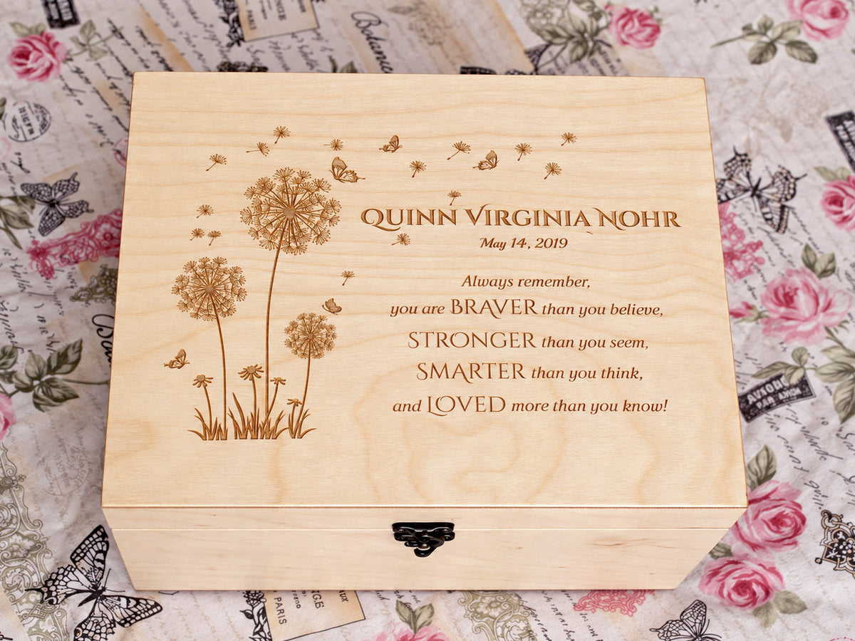 Personalized Winnie the Pooh gift box with engraved inspirational quote and dandelion design