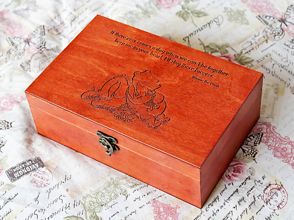 Personalized Winnie the Pooh wooden memory box for photos letters and treasured keepsakes