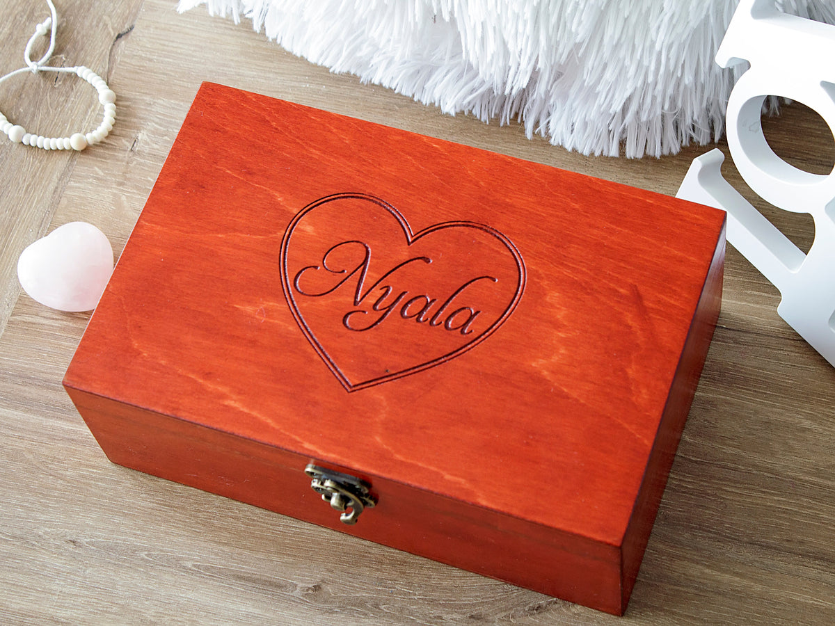 Personalized wooden keepsake box with engraved name and heart