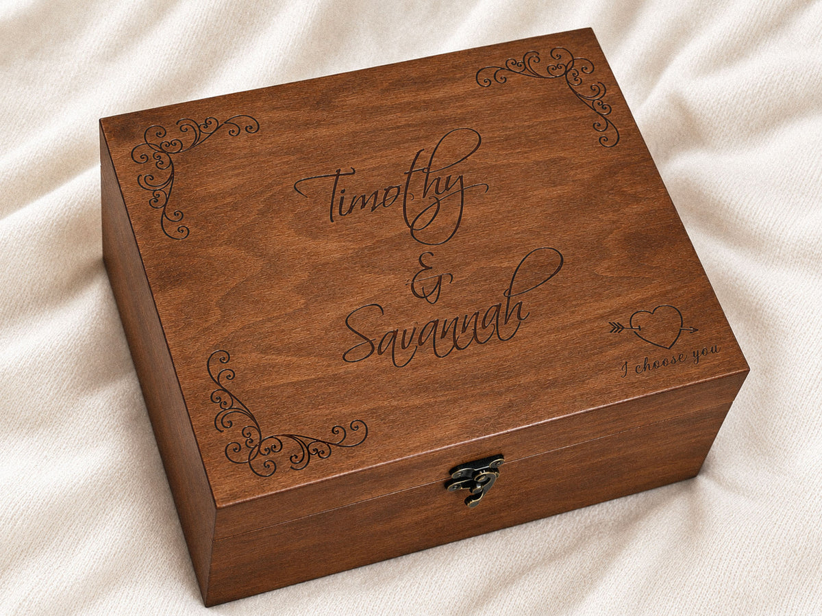 Personalized wooden wedding box for wedding photos and mementos