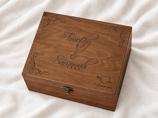 Personalized wedding keepsake box with decorative scroll design