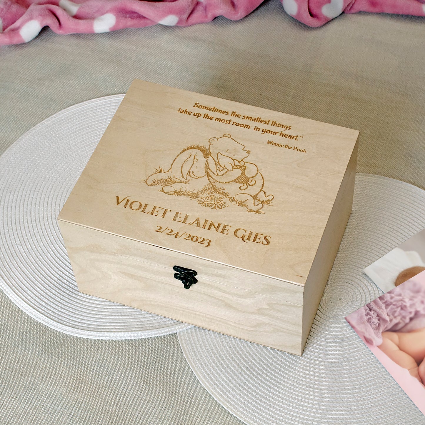 Wooden baby keepsake box featuring Winnie the Pooh, Piglet and Eeyore