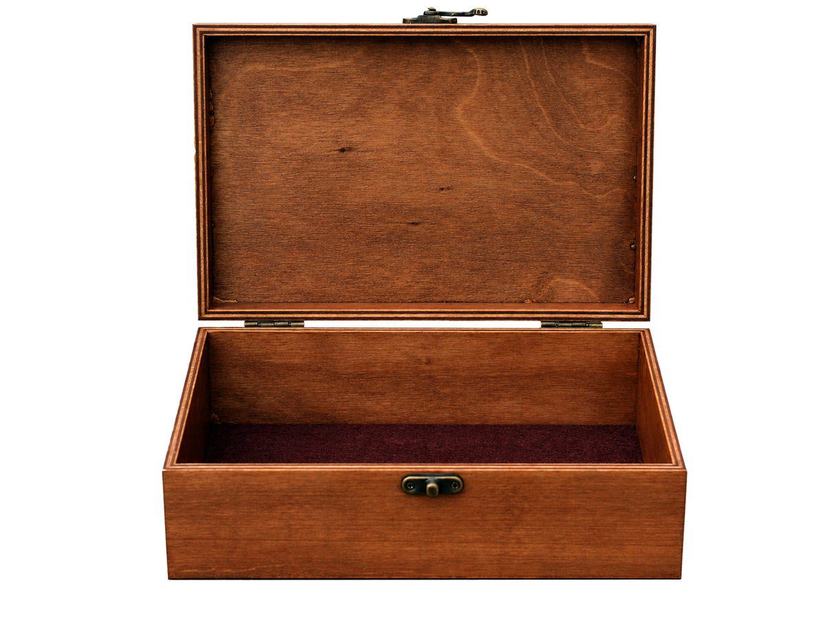 Wooden box with a lid on a white background