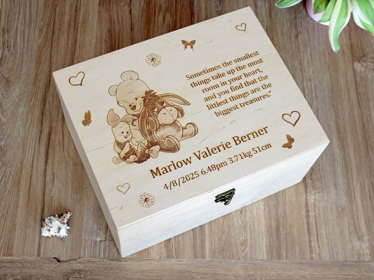 innie the Pooh baby keepsake box in birch finish with personalized engraving
