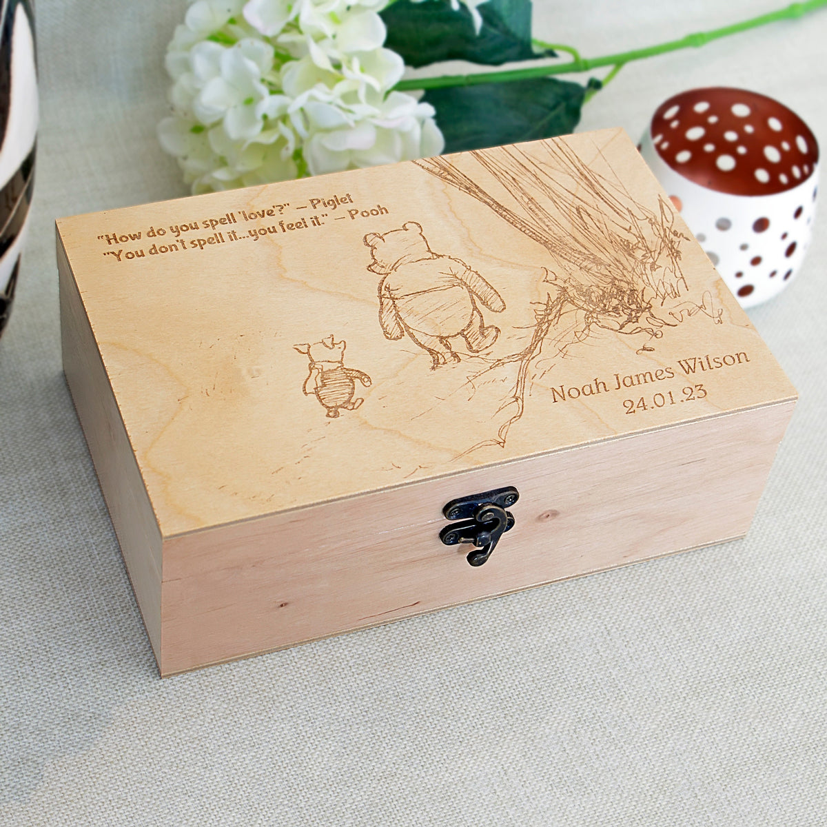 Personalized Winnie the Pooh baby keepsake box with Winnie and Piglet engraved with a name and date