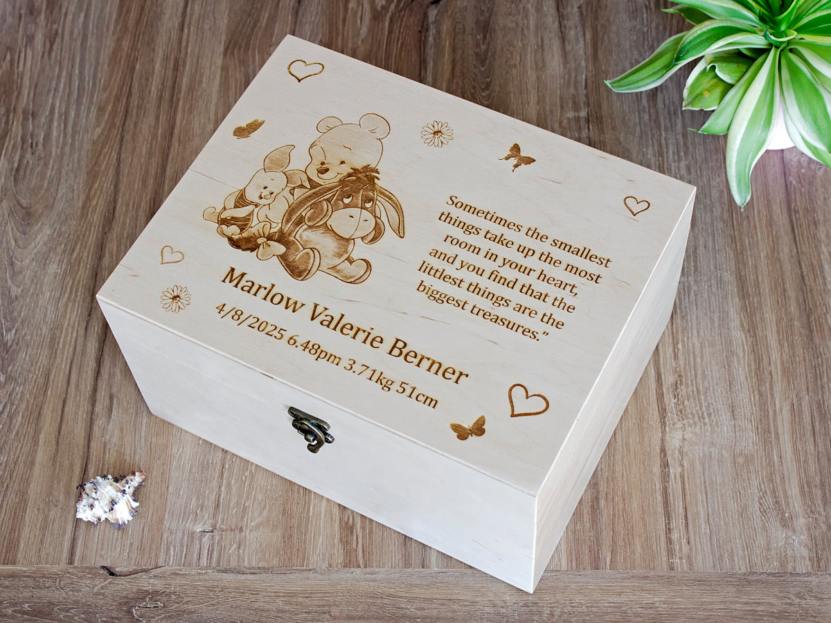 Personalized Winnie the Pooh baby memory box with engraved name and birth details