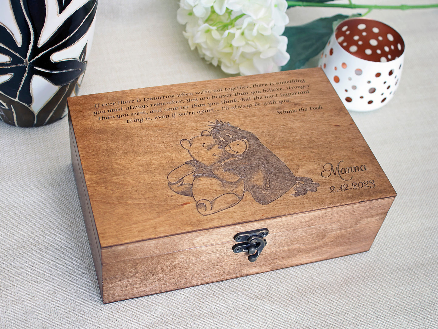 Wooden memory box featuring Winnie the Pooh and Eeyore with custom engraving