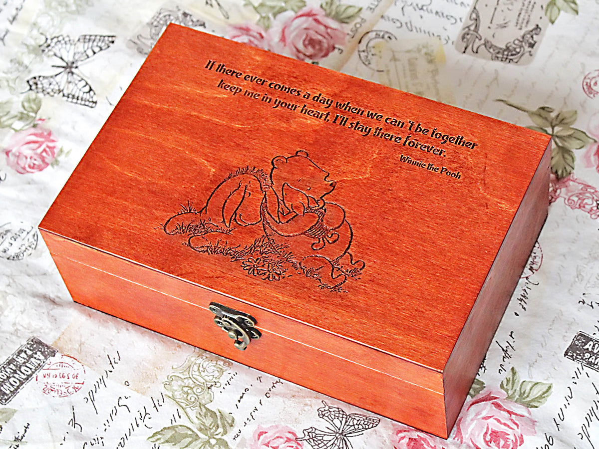 Personalized Winnie the Pooh keepsake box with heartfelt quote about staying together forever