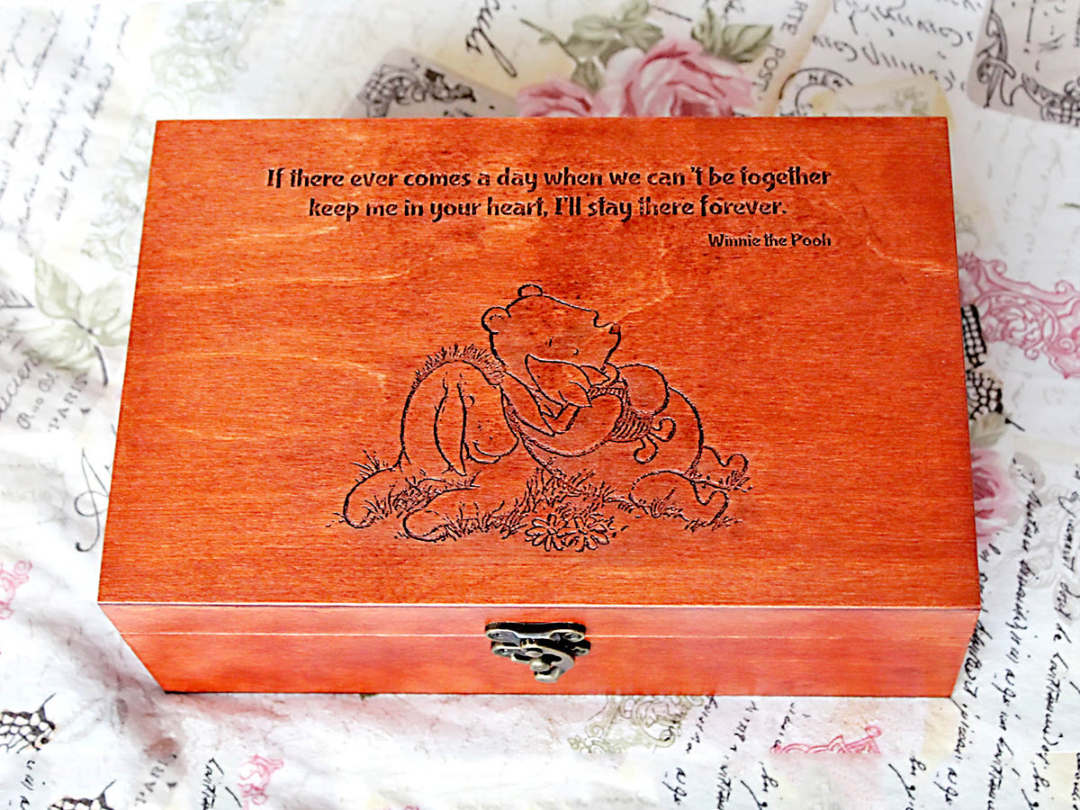 Winnie the Pooh love keepsake box with personalized engraving and meaningful quote