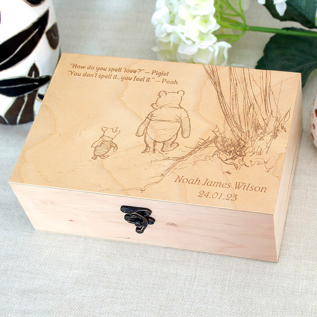Winnie the Pooh and Piglet newborn memory box with personalized engraving for baby keepsakes