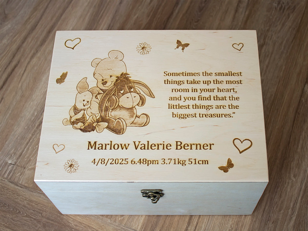 Personalized Winnie the Pooh baby keepsake box with custom engraved design