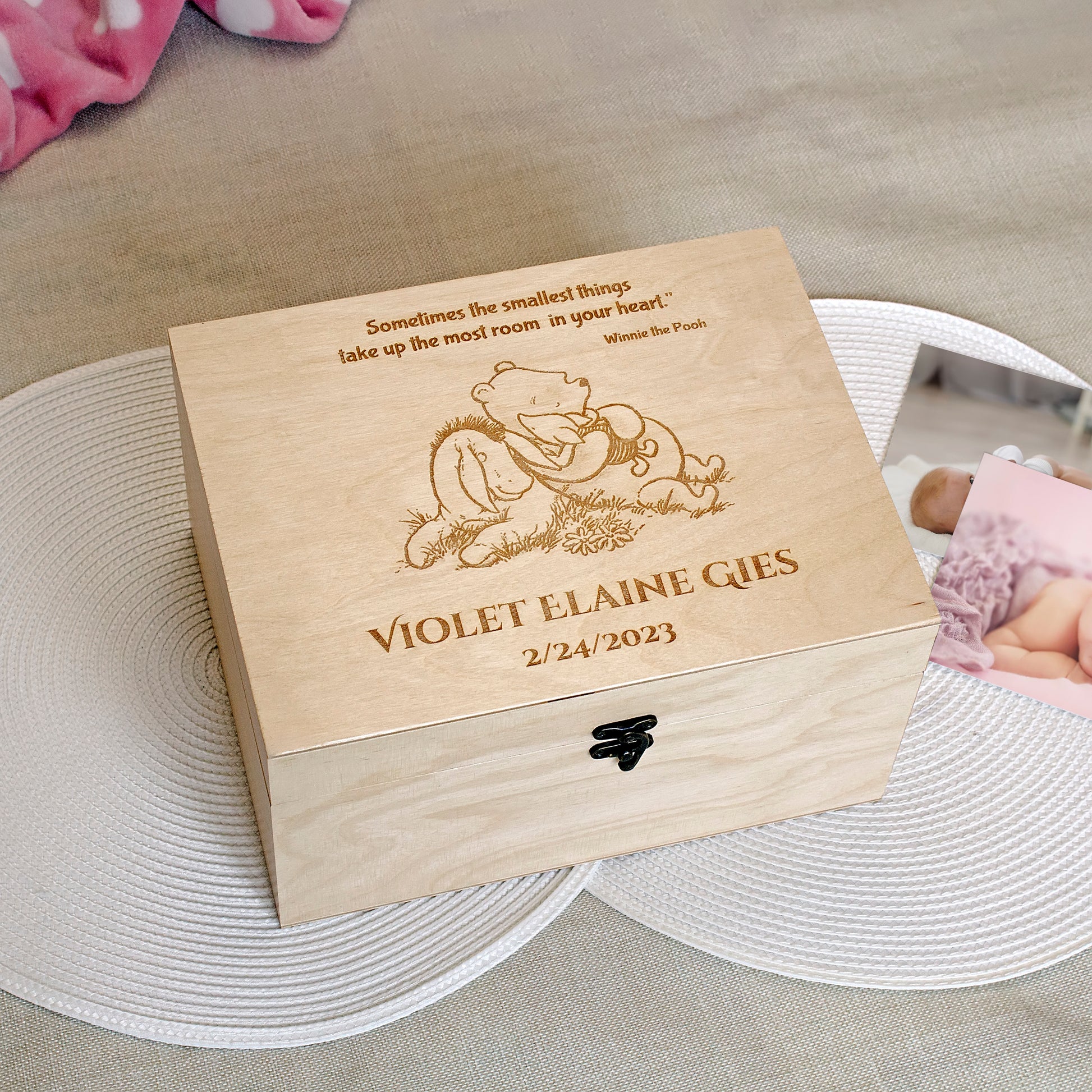 Wooden baby keepsake box featuring Winnie the Pooh, Piglet and Eeyore