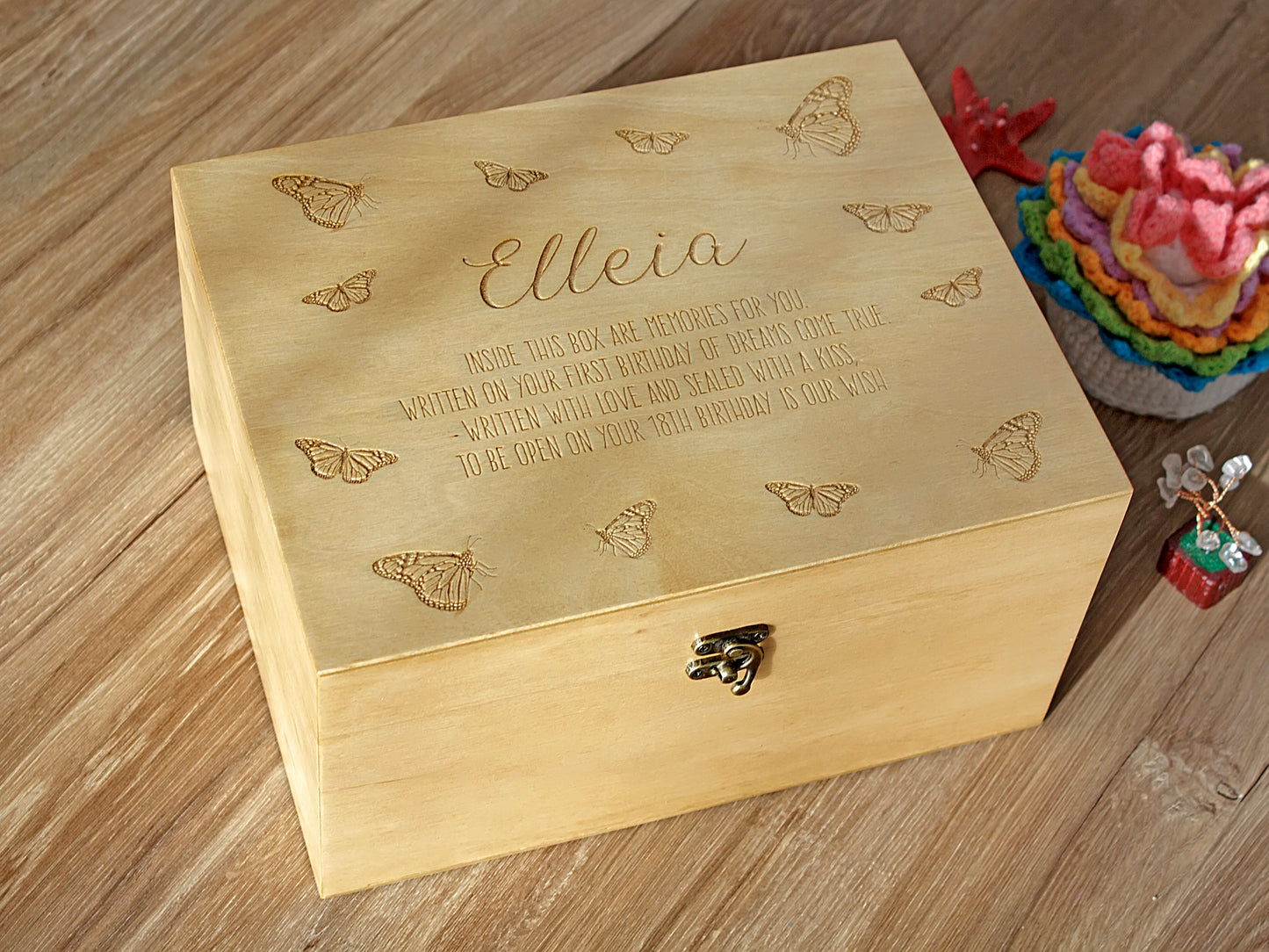 Personalized wooden baby keepsake box with spacious interior for treasured memories