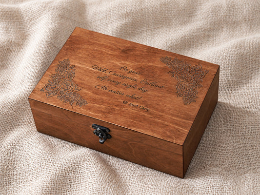 Wooden jewelry box with detailed laser engraved quote