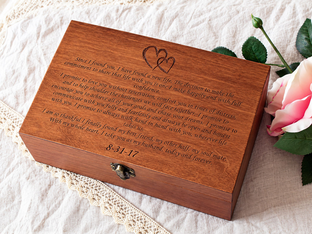 Personalized wedding vow box engraved with couple names