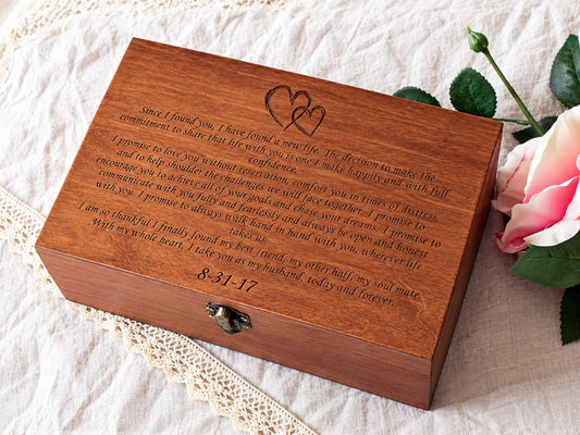 Personalized wedding vow box engraved with couple names
