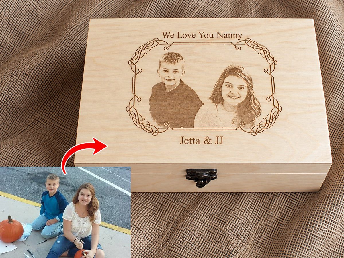 Custom artwork engraved on a personalised wooden keepsake box