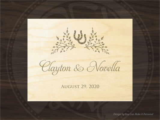 Wedding memory box with names date and double horse shoes