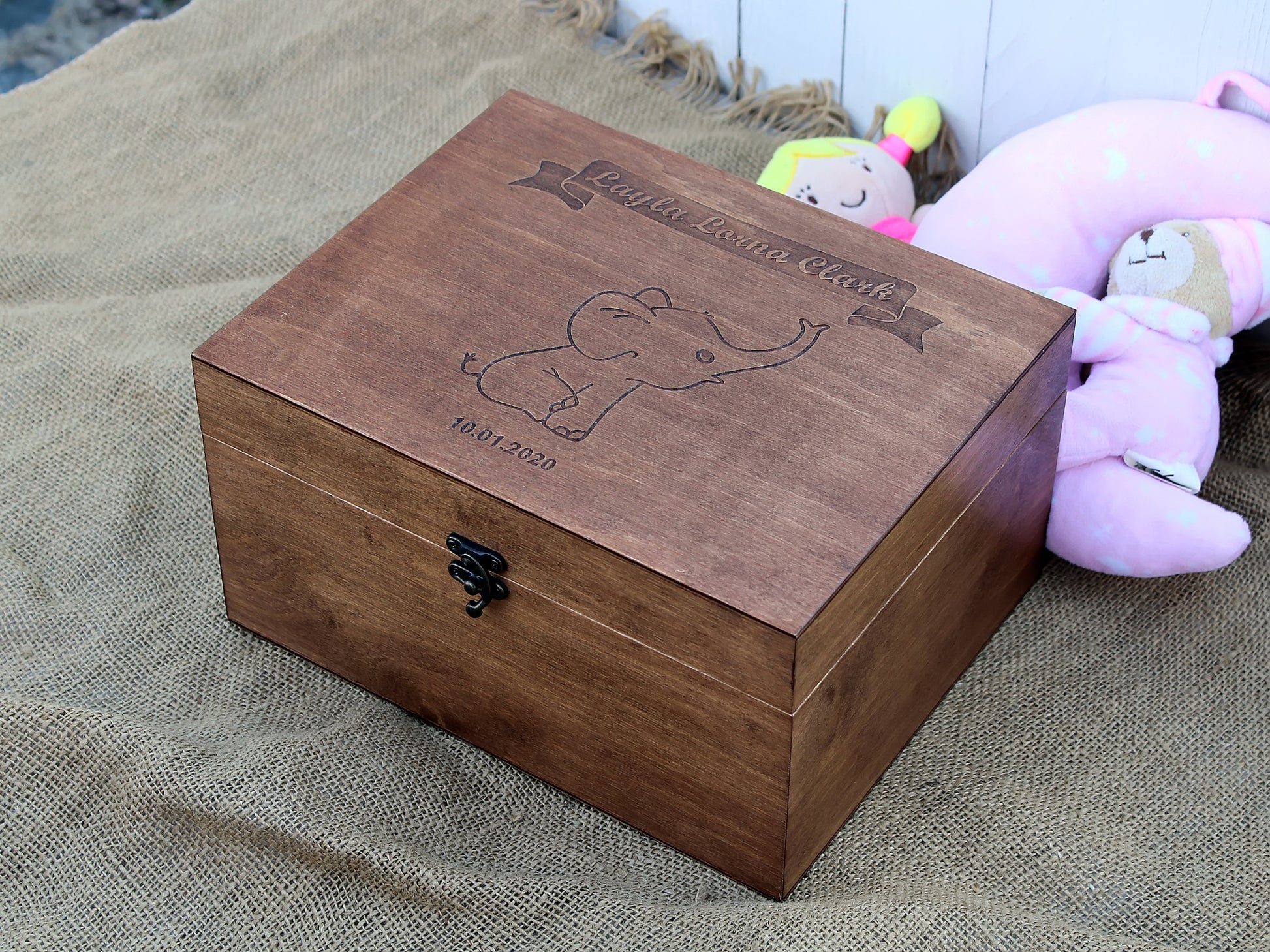 Personalized baby keepsake box featuring an engraved elephant design