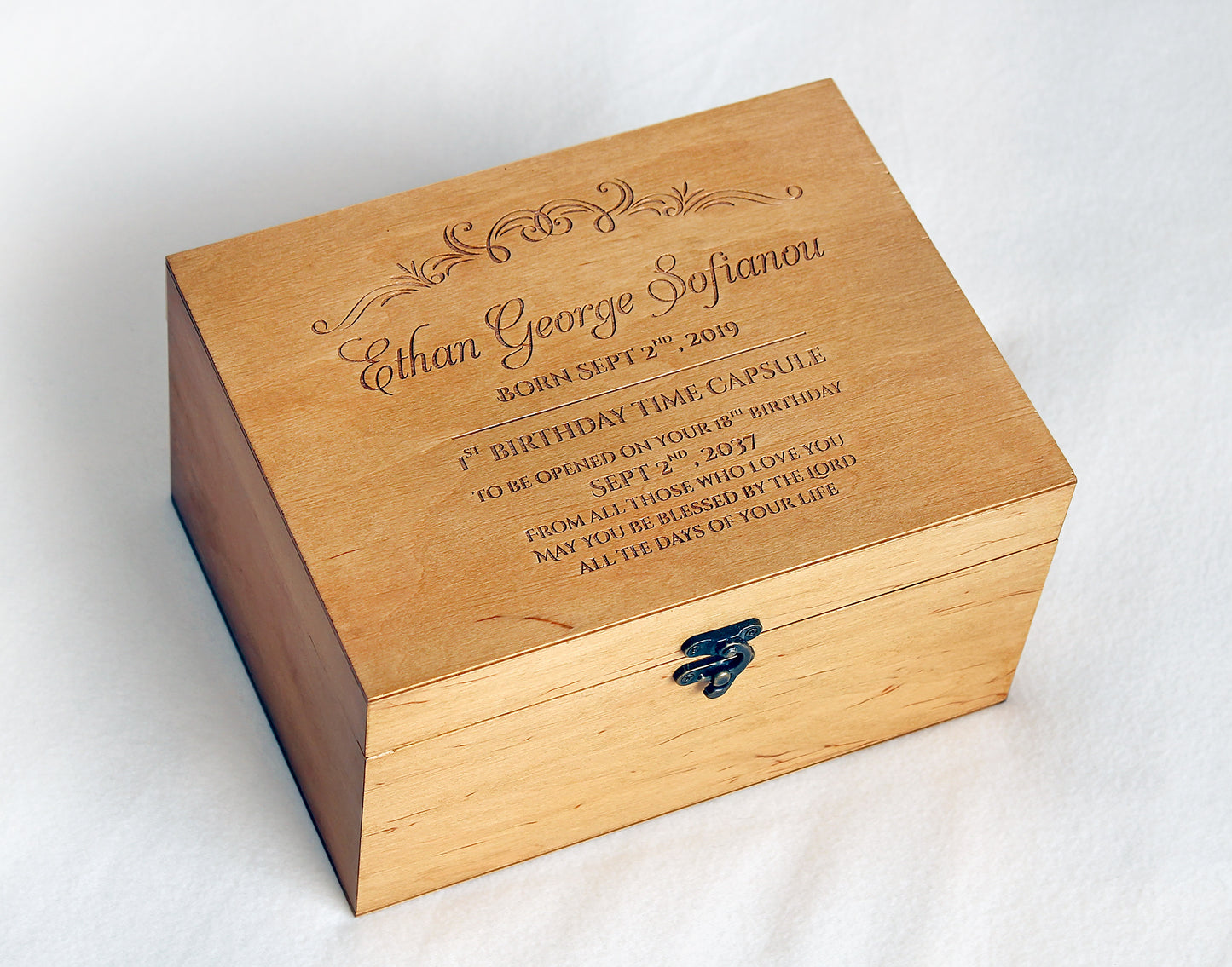 Wooden baby memory box personalized for first birthday memories